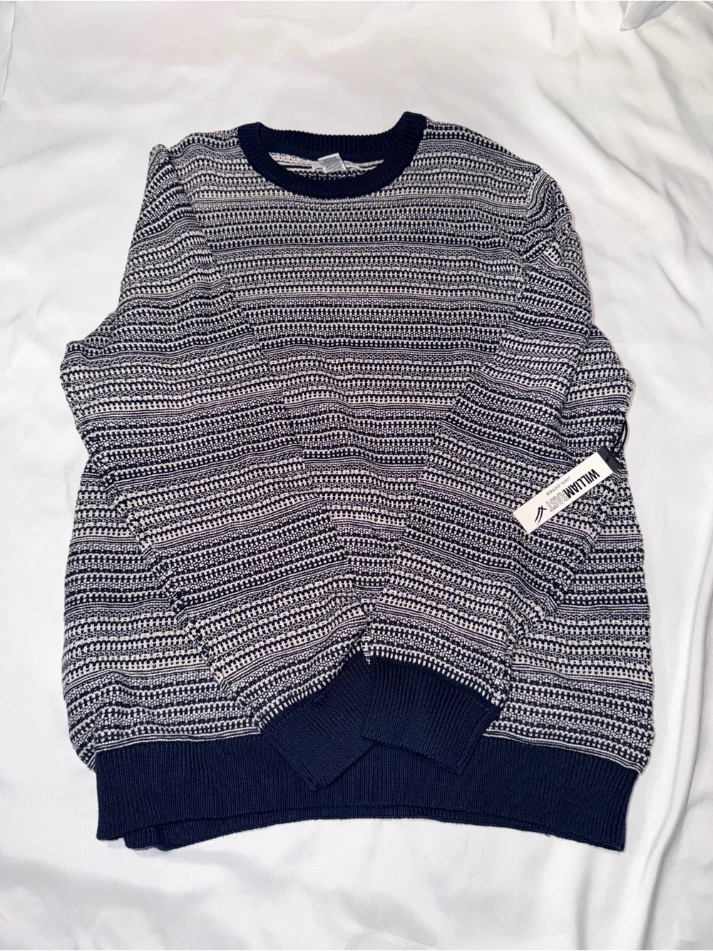 Men's Navy and White Striped Crewneck Sweater